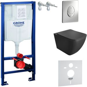 Inbouwreservoir Complete Toiletset Grohe Solido 39069000 - Inbouw WC Hangtoilet Wandcloset Onil Black - Bedieningsplaat Skate Air Chroom - Voorwandelement - Installatiesysteem