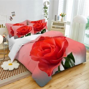 Beddengoedset met 3D-rode roosprint, romantische esthetische rozendekbedovertrekset, dekbedovertrek voor koppels, slaapkamerdecoratie (200 x 200 cm, C)