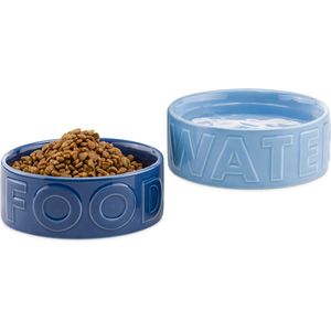 Navaris set van twee keramieken bakken - Voerbak en drinkbak - Voor honden en grote katten - Waterbak en etensbak - Lichtblauw en Donkerblauw