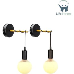 LifeStages - Wandlamp Binnen Met Snoer - Wandlamp Voor Binnen - Wandlamp - Zwart - Wandlampen E27 Retro - Nachtlamp Slaapkamer - Set Van 2 - Exclusief Gloeilamp
