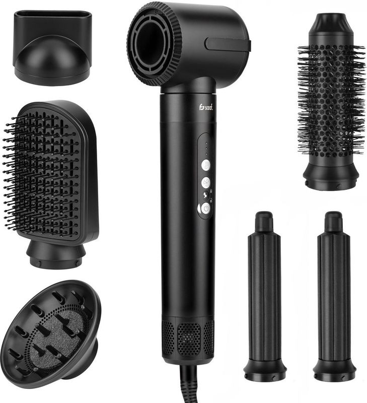 Saaf Fohnborstel 7 in 1 - 8 Delige set - Fohn - Stijl- en Krulborstel - Hairwrap - Airstyler - Multistyler - Zwart