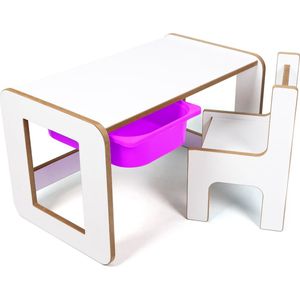 Industrial Living kindertafel met lila lade - Speeltafel - Tekentafel met kinderstoel - Kinderbureau - Activiteitentafel - Hout - Wit