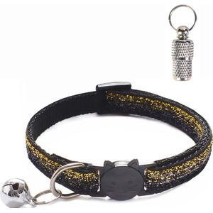 Kattenhalsband met veiligheidssluiting + adreskoker en belletje - Glitter look - Verstelbaar - 19 / 32 cm - Halsband kat - Kattenbandje - Cat - Kitten - Katten halsband - Zwart/Goud