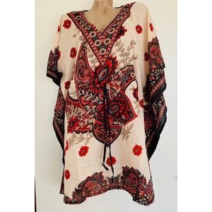 Dames kaftan/tuniek met bloemenprint one size 36-48 beige/zwart/rood