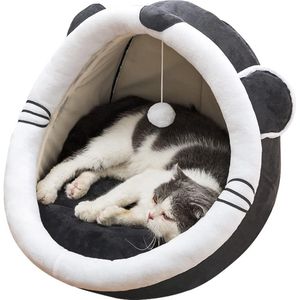 Pluche kattenbed - 40 x 40 x 33 cm - halfgesloten - wasbaar - grijs muis - bontbal - kattengeschenken Kattenmand