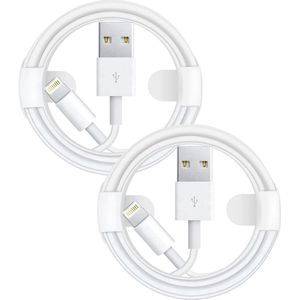 USB A naar Geschikt voor: USB Lightning Kabel - 1 Meter Oplaadkabel 2x - Geschikt voor: Apple iPhone 5, 5S, 6,7,8,X,XS,XR,11,12,13,14,Mini,Pro Max & iPad Air 1/2, 2017/2018, 10.2 - - Wit