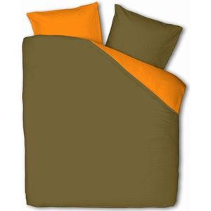 SENZA DONNA 100% Katoen Percaline Dekbedovertrek Uni Double Face 200x200/220-2x60x70 cm ( 240 cm Lang ) LEGERGROEN/ORANJE