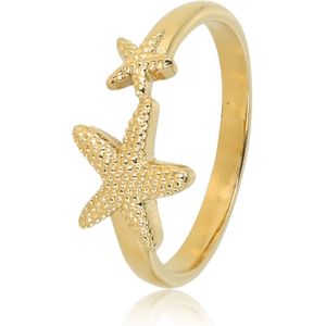 My Bendel Goudkleurige ring met twee zeesterren - Geweldige zomerse goudkleurige ring met een grote en kleine zeester - Met luxe cadeauverpakking