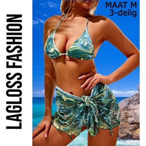 LaGloss - 3-Delige Bikini Set - Groen Ocean Print - Dames Zwemkleding