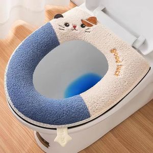 Driedelige toiletbrilhoezenset, zacht en wasbaar, kattenmotief, universeel design, met rits, verdikt fleece - blauw katje.
