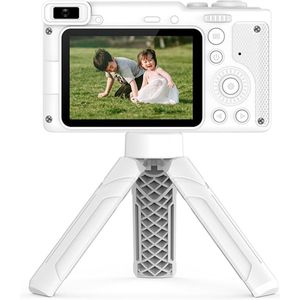 1080P digitale kindercamera - met statief Mini-videocamera voor kinderen 12MP 2,4 inch IPS-scherm Ingebouwde batterij met nekriem Mini-desktopstatief Verjaardag voor jongens en meisjes, wit