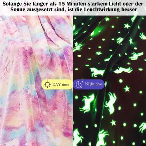 Jhubers Goods - Knuffeldeken kinderen eenhoorn regenboog oplichtend donker cadeau jongens verjaardag fleece deken