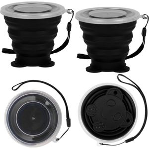 Belle Vous 4 Pak Zwart Inklapbare Siliconen Reisbekers met Koord - 180 ml Herbruikbare Vouwmokken met Plastic Verzegel Deksels - Draagbare Drinkbeker Set voor Camping, Wandelen & Buiten Picknicks