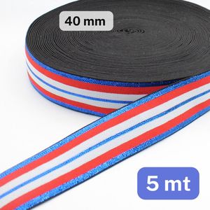 5 Meter LUREX ELASTIEK, Breedte 40MM, Kleur BLAUW/ROOD/WIT