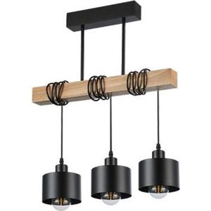 Hanglamp - Plafondlamp Industrieel - Hout - 3-Lamps - E 27 Fitting - Zwart Kap Eetkamer
