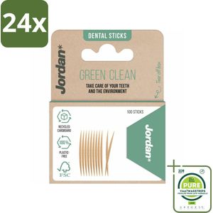 Jordan - Tandenstokers - Green Clean - 100 Stokers - Voordeelverpakking - 24 stuks - Tandenstokers - Duurzame tandenstokers