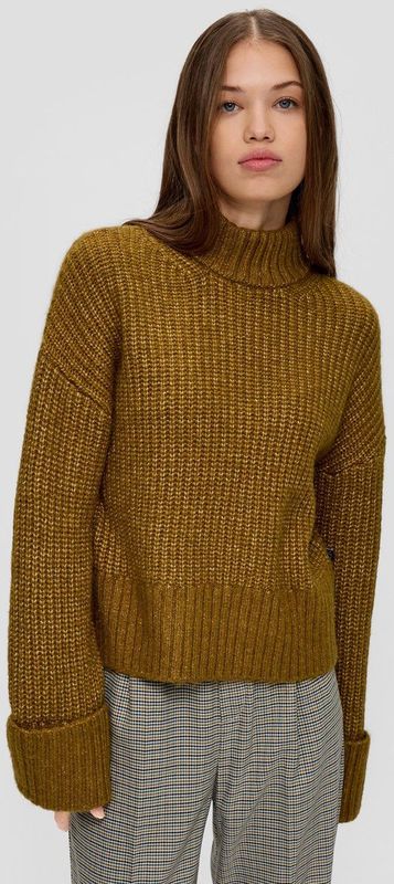 QS - Trui - Olijfgroen - Knitwear - Geribbelde Kraag, Lange Mouw, Losse Pasvorm