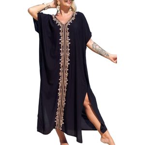 Zomer Katoenen Geborduurde Bloemen Kaftan – Losvallende Boho Strandjurk en Bikini Cover-up, Plus Size Gewaad voor Dames