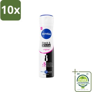 10 x NIVEA - Deodorant Spray - Onzichtbaar Voor Zwart & Wit Helder - 72 Uur Anti-Transpirant - 150 ml - Grootverpakking - NIVEA Deodorant - Anti-transpirant - Anti-vlekkentechnologie - Deodorant Spray - Deodorant Voor Zwarte En Witte Kleding