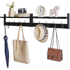 2 Wandgarderobe, wandrek, hangrek met 10 haken en hangstang, set van 2, stabiel, voor hal, slaapkamer en woonkamer, zwart
