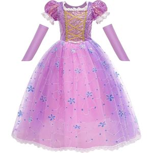 Prinsessenjurk - Prinses lang haar - Glitter - Paars/roze - Prinses - Verkleedkleding - Maat 134/140 (8/9 jaar)