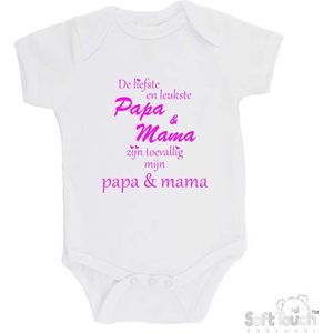 100% katoenen Romper ""De liefste en leukste Papa & Mama zijn toevallig mijn Papa & Mama"" Meisjes Katoen Wit/Fluor Pink Maat 68/74