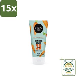 15 x Organic Shop - Zonnebrandcrème Gezicht SPF 30 - Normale Huid - 50 ml - Grootverpakking - Zonnebrandcrème - SPF 30 - Gezichtsbescherming - UVA/UVB Bescherming - Natuurlijke Zonnebrand