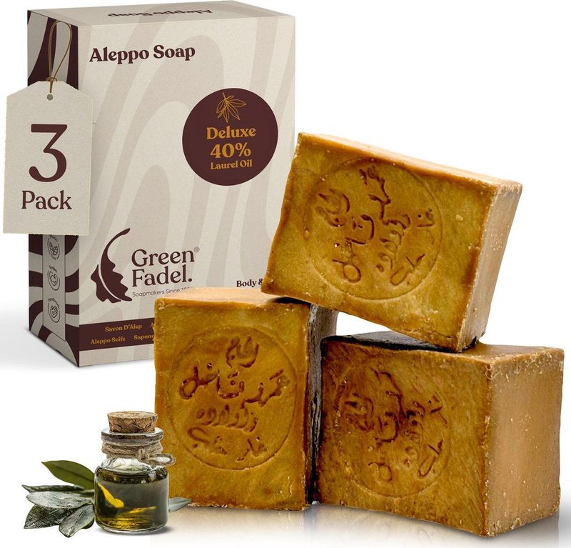 Green Fadel - Aleppo Zeep - Set van 3 - 40% Laurierolie - 60% Olijfolie - Handgemaakt - Natuurlijke Zeep - 600 g