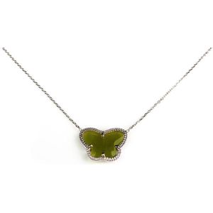 korte zilveren halsketting halssnoer collier gerhodineerd Model Vlinder met kaki groene steen