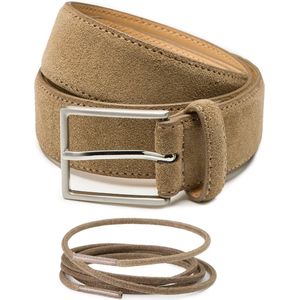 DTCH. FIT Suède riem Bobby Taupe - Riemmaat 115cm/Totale lengte 130cm - 3,5cm breed & Taupe Classic Veter - 75cm
