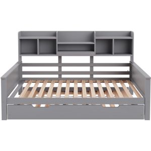 Gotagee Uitschuifbare slaapbank 90x200CM massief hout, uitschuifbaar bed 90x190CM, met opbergvak en lattenbodem, multifunctioneel bed van dennenhout, grijs
