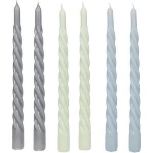 Cactula Swirl Kaarsen | Set van 6 in 3 verschillende kleuren | 2,3 x 29 cm | Trend 2021 | Lange Dinerkaarsen | Nordic Blue / Grey / Green / Blue