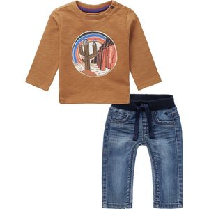 Noppies - Kledingset - 2delig - Broek Jeans blauw - Shirt bruin met print - Maat 74