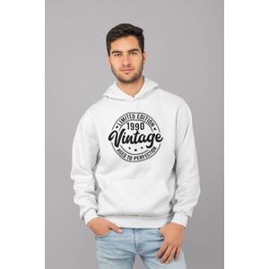 1990 Jaar Wit Hoodie Heren - Maat M - Aged Vintage - Verjaardag Cadeau Mannen - Limited Edition