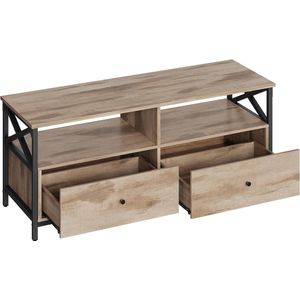 TV-kast, Lowboard voor tv's tot 55 inch, 120 cm lang, televisietafel met 2 laden, 2 open vakken, 40 x 120 x 50 cm, woonkamer, stalen frame, eikenbruin-zwart