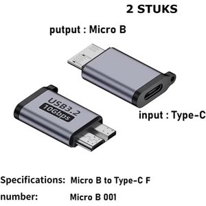 Adapter USB C naar Micro B (2 stuks); USB 3.0 kabel 10 Gbps voor USB C harde schijf; compatibel met Toshiba; HDD; Seagate; WD; Galaxy S5 Note 3; HDD enz.