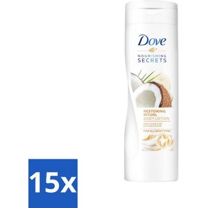 15 x Dove Bodylotion - Nourishing Secrets - Restoring Ritual - Kokos & Amandel - 400 ml - Hydraterende Scrub - Zachte Huid - Gladde Huid - Stralende Huid