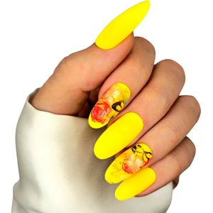 SD Press on Nails - B-276 - Plaknagels met nagellijm - Lange Ronde Kunstnagels - Matte Geel met Print - Set 20 Kunstnagels handgemaakt van gellak - Nagellak - Nepnagels - Accessoires - Nail Art - Kunstnagels