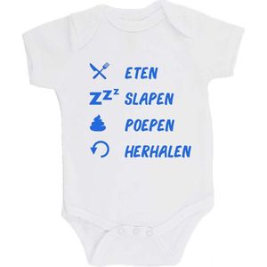100% katoenen Romper bedrukt met grappige tekst Kado Cadeau Kraamkado Kraamcadeau ""Eten Slapen Poepen Herhalen Unisex Katoen Wit/blauw Maat 56/62