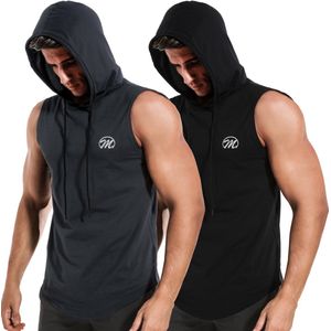 MEETYOO 2 Artikelen Heren Gym Tank top sport Bodybuilding Hood with drawstring Hooded Tank Top Mouwloos-Zwart/Grijs-XXL