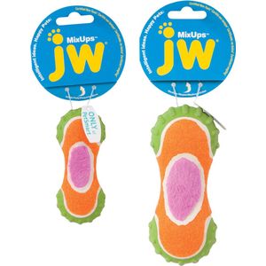 JW Mixups Ribbed Barbell - Hondenspeeltje - Met pieper - Groen/oranje/roze - Small - 10 cm