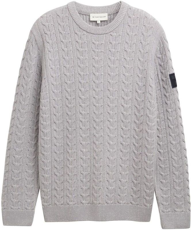 Tom Tailor - Pullovers - Grey offwhite plated - Trui met Ronde Hals en Ribboorden