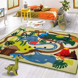 Vloerkleed voor kinderen, speelmat, dinosaurus, 150 x 200 cm, kruipdeken, kinderkamer, tapijt, dino speeltapijt, wasbaar, dino motief, laagpolig, kleurecht