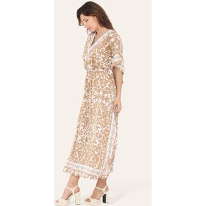 Lange kaftan jurk Adriana-fantasiemotief-beige wit-one size-Maat L-XXL