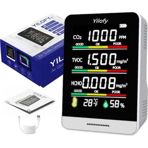 YILOFY - Professionele 5 in 1 Luchtkwaliteitsmeter - Draagbaar LCD Scherm Monitor CO2 - Inclusief E-book