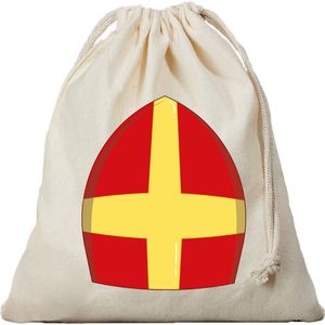 1x Mijter Sinterklaas cadeauzakje met sluitkoord - katoenen / jute zak - Sinterklaas kadozak voor pakjesavond