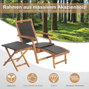 Deckchair met bijzettafel, tuinstoel van acaciahout en polyratten, inklapbare ligstoel met tafel voor tuin, balkon en zwembad