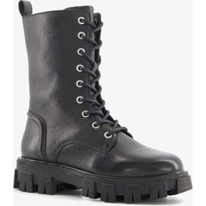 Groot leren meisjes veterboots met chunky zool - Zwart - Maat 39