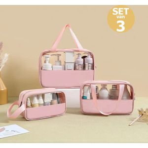 Toilettas, Make Up Tasje, Transparant, Toilettassen, Make Up Koffer, SET van 3, Beautycase, Make Up Organizer, Make Up Tas, Reistas, Toilettas Dames, Etui, Beautycase Koffer, Cosmetica Tas, Verjaardag, Moederdag, Valentijnsdag, Cadeautje, ROZE