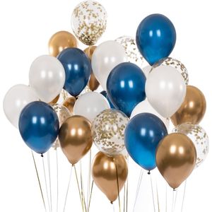 Partizzle 50x Wit Goud en Blauw Latex Ballonnen - Papieren Confetti - Ballonnenboog Versiering - Verjaardag Abraham Sarah - Bruiloft Decoratie - Nieuwjaar / Oud en Nieuw 2023 - Helium Geschikt